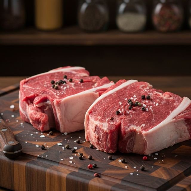 Dos trozos de hueso de paleta con carne sobre una tabla de madera.
