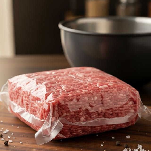 Carne molida empacada sobre un mesón de madera.