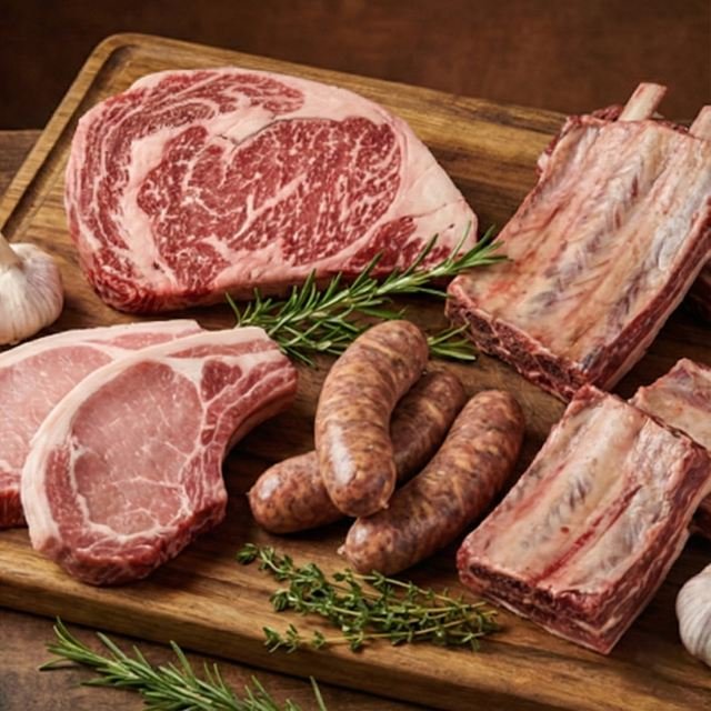 Cortes de res y de cerdo, costillas y chorizos sobre una tabla de madera.